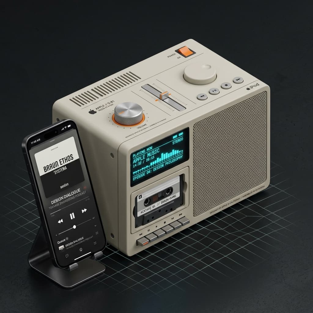 Isometric 3D render of Zevio compact retro stereo and TVPods mobile player